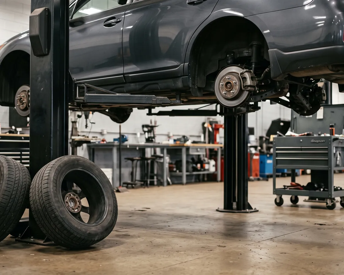 A bay in San Antonio with a vehicle on the lift and all four wheels off